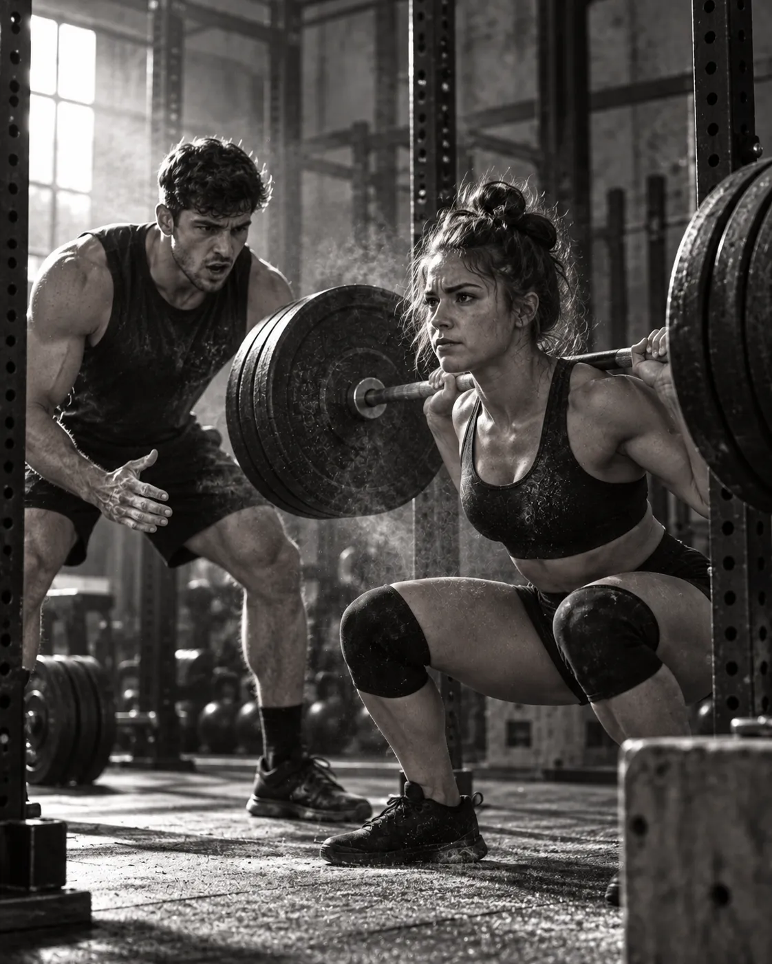 Two athletes executing synchronized heavy training in a high-contrast monochromatic setting