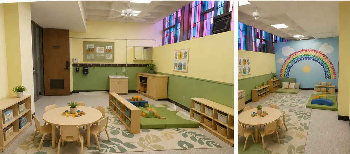 classroom filled with furniture and a rainbow handprint mural