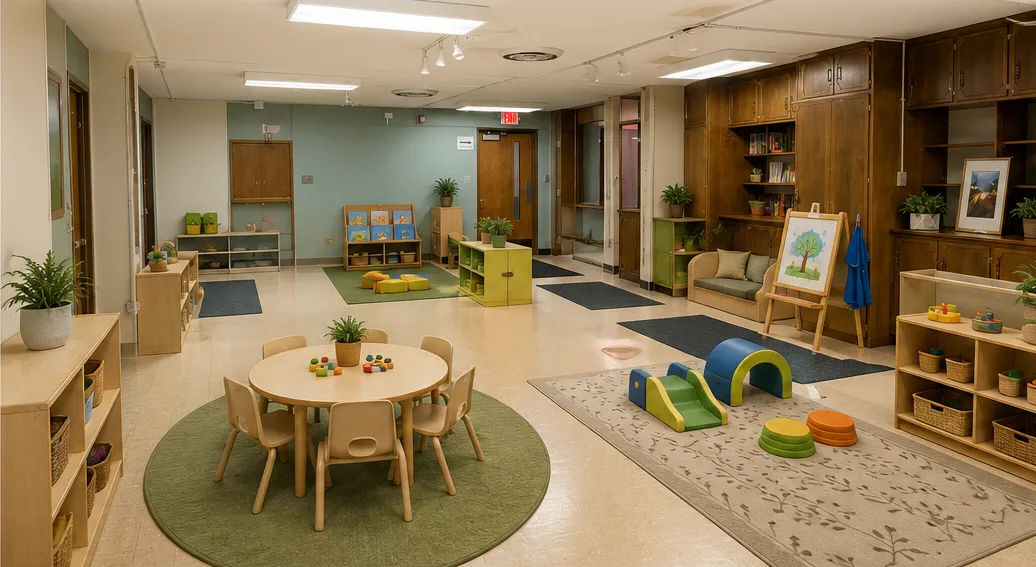 classroom filled with furniture and a rainbow handprint mural