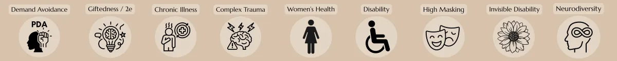 PDA; Giftedness/2e; Chronic Illness; Complex Trauma; Women's Health; Disability; High Masking; Invisible Disability; Neurodiversity