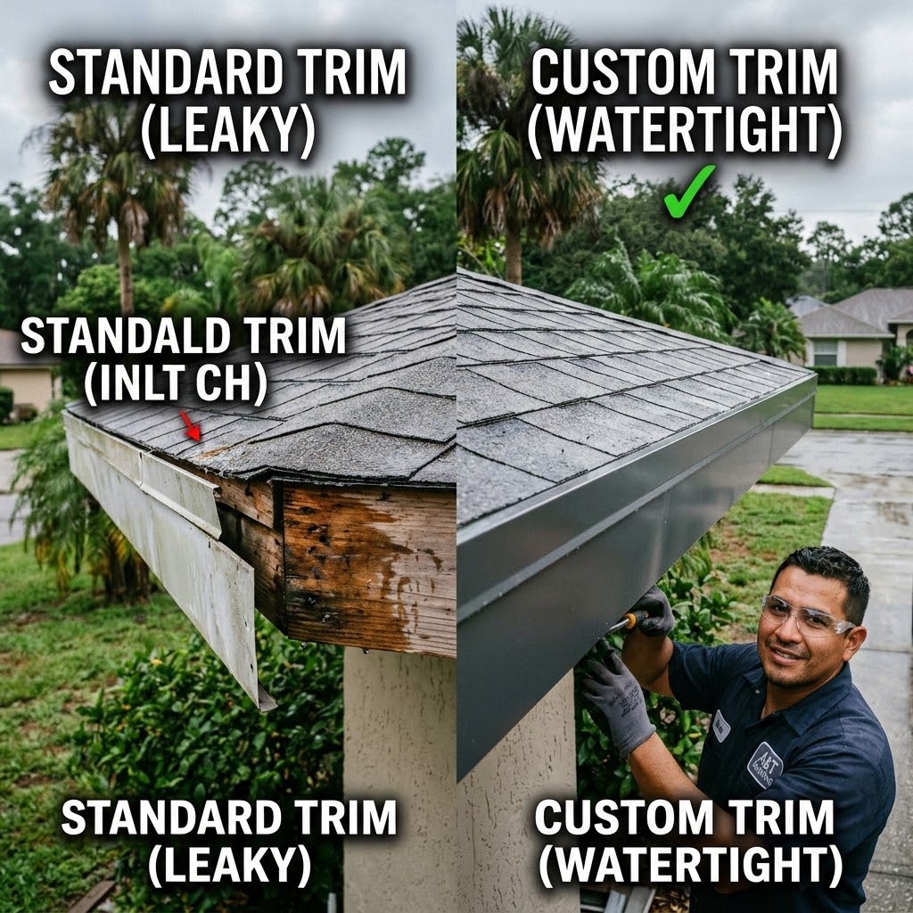 Before-and-after comparison showing the difference between a leaky gap from standard trim installation and a watertight seal from custom trim on a Jacksonville home.