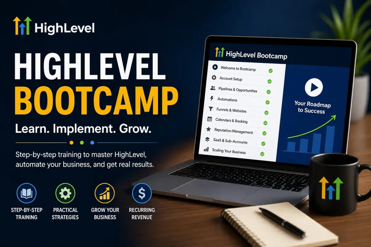 HighLevel Bootcamp training dashboard on laptop showing step-by-step modules, business growth roadmap, and digital marketing learning setup in a modern workspace