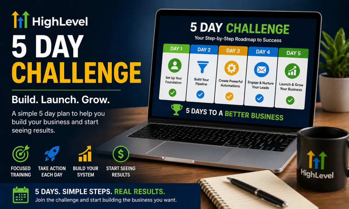 HighLevel 5 Day Challenge roadmap displayed on laptop with step-by-step business setup plan, marketing icons, and workspace showing build, launch, and grow process for online business