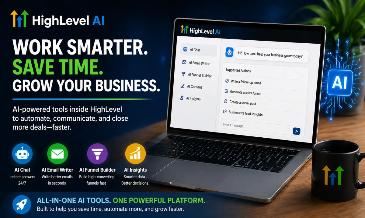 HighLevel AI dashboard on laptop showing automation tools like AI chat, email writer, funnel builder, and insights in a modern workspace designed for business growth