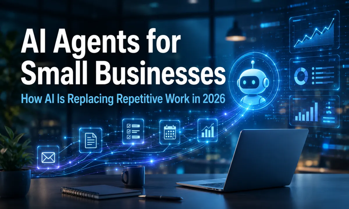 AI agents automating repetitive business tasks for small businesses in 2026 with digital workflows, AI dashboards, customer automation systems, and intelligent business operations technology.