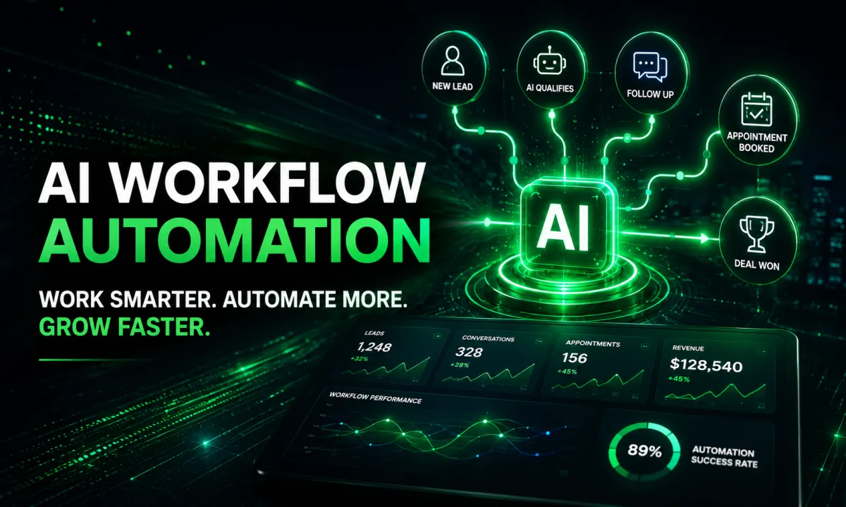 AI workflow automation visual showing intelligent business operations, lead management, customer communication, automated workflows, and AI-powered business growth in a modern digital ecosystem.