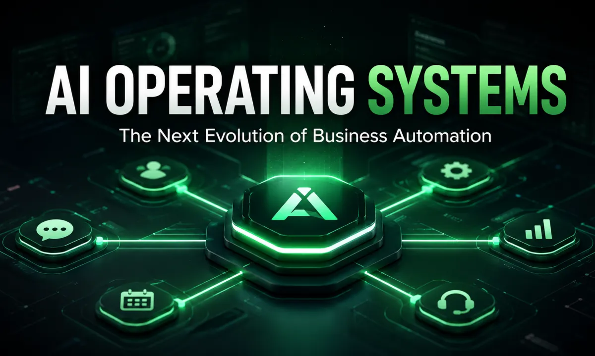 AI operating system connecting business automation, CRM, communication, analytics, scheduling, customer support, and workflow management through a unified platform.