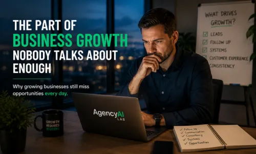 Business owner reviewing growth challenges, customer follow-up, and operational systems while working late in a modern Central Florida office.