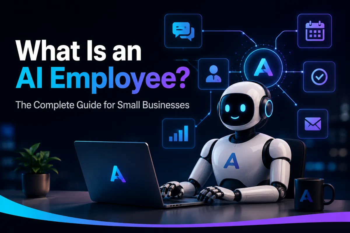 Illustration of an AI employee helping a small business automate customer communication, lead management, appointment scheduling, CRM workflows, and business automation.