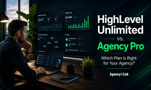 Marketing agency owner comparing HighLevel Unlimited and Agency Pro while reviewing CRM dashboards, AI automation workflows, and agency growth metrics.
