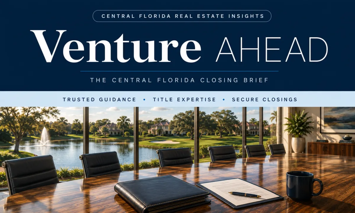 Venture Ahead editorial publication cover with a modern conference room overlooking a Central Florida lake and golf course, highlighting real estate, title insurance, and closing services.