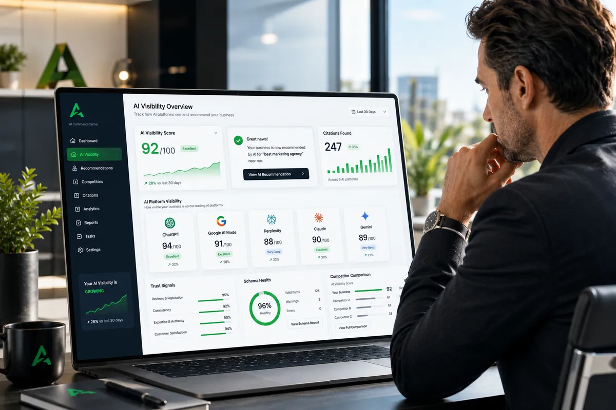 AI visibility dashboard illustrating search performance and online business discovery.