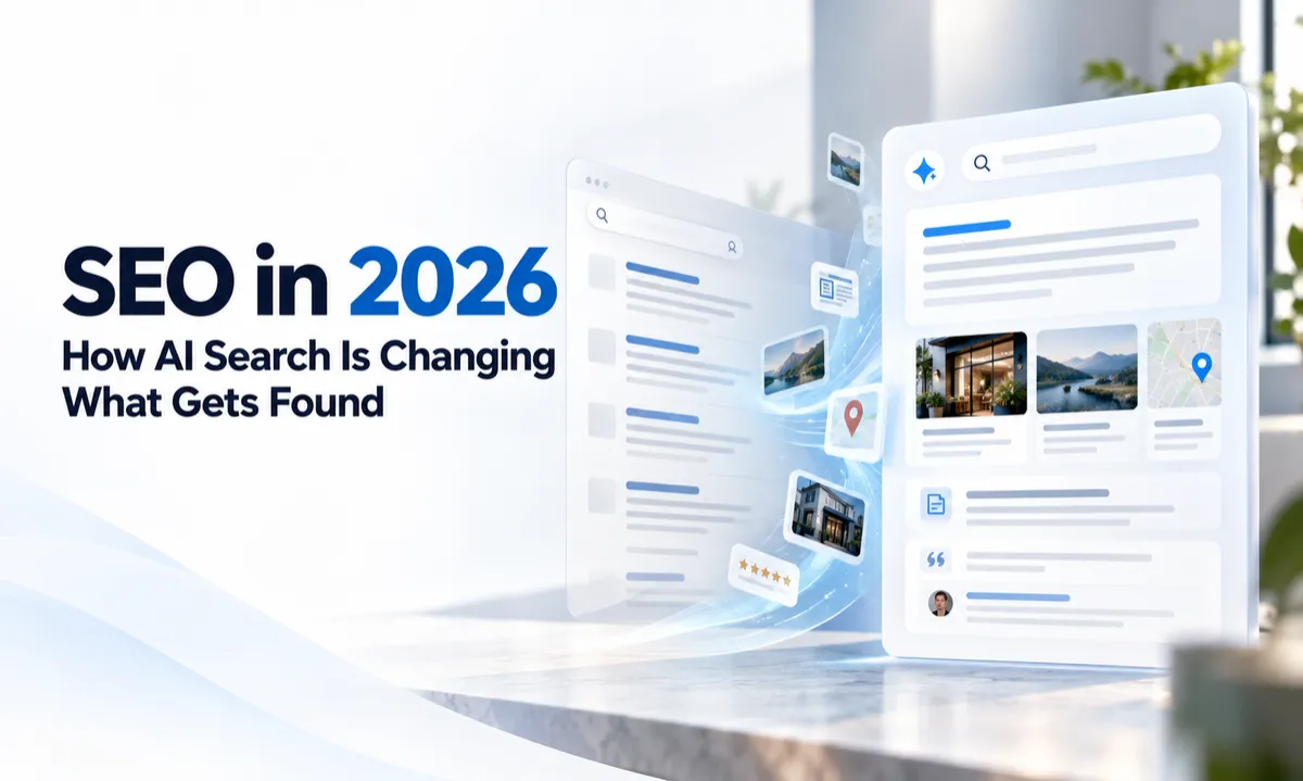 Editorial illustration showing traditional search results evolving into an AI-assisted search experience, representing how AI search is changing SEO and online visibility in 2026.