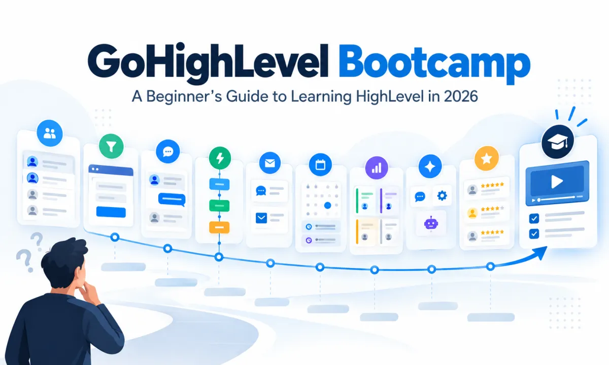 GoHighLevel beginner learning path showing CRM, workflows, follow-up, calendars, pipelines, AI tools, and guided Bootcamp training.