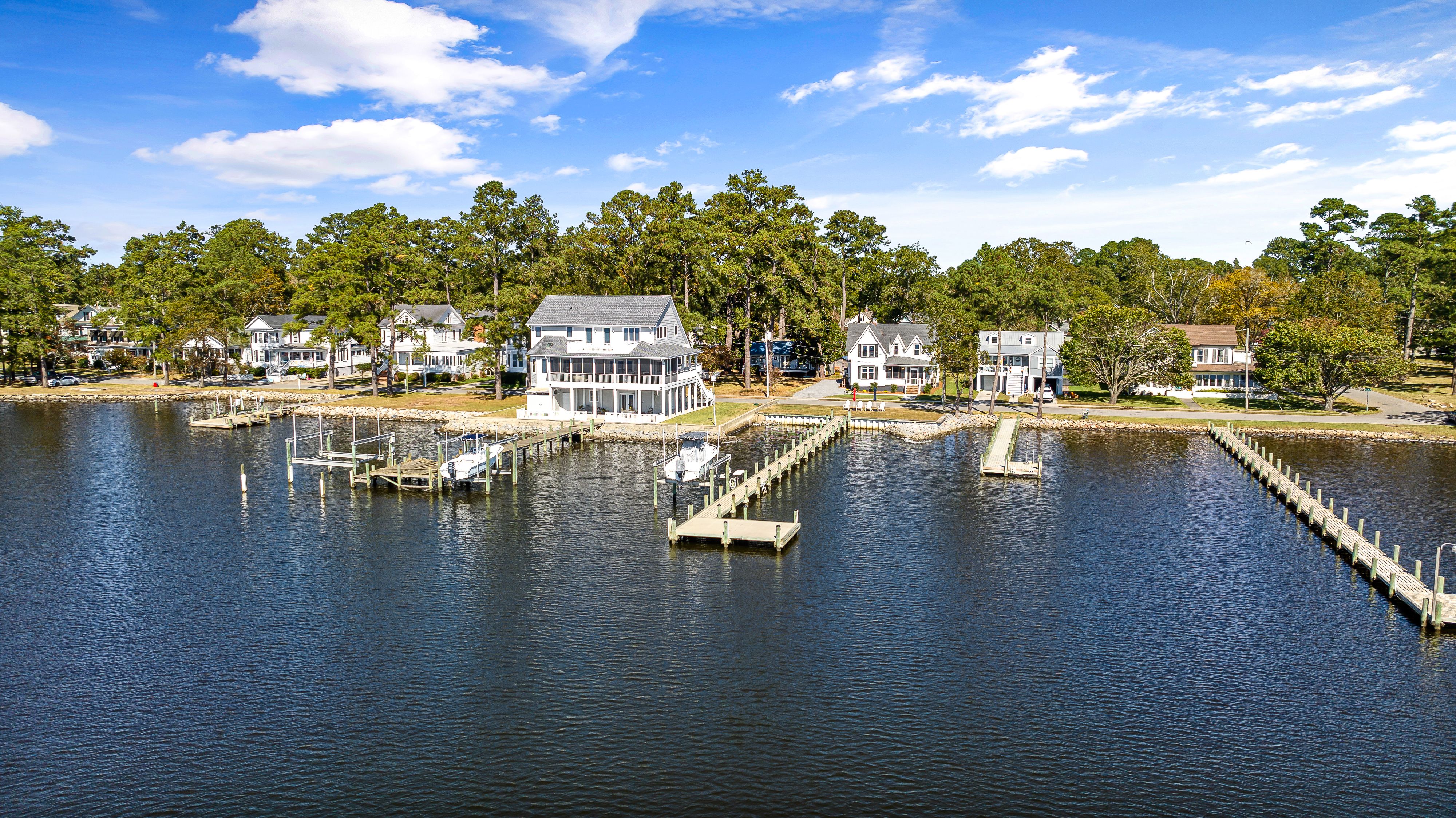 Chesopeian Colony Virginia Beach waterfront home with a private dock and boat lift on the Lynnhaven River