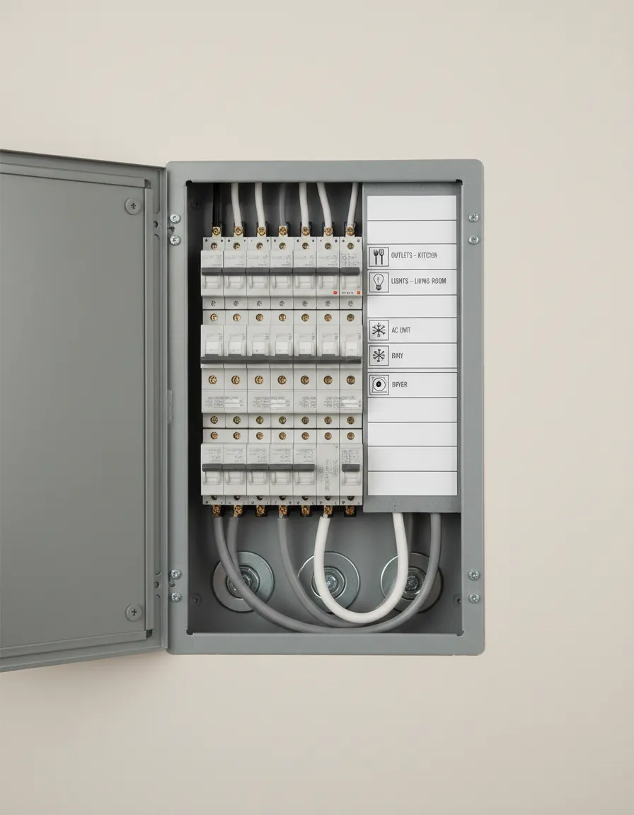 Wall-mounted consumer unit with labelled circuit breakers