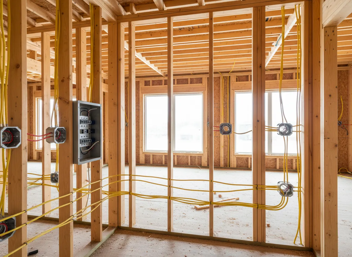 Electrical sub-panel and yellow wiring runs in a framed room during new construction
