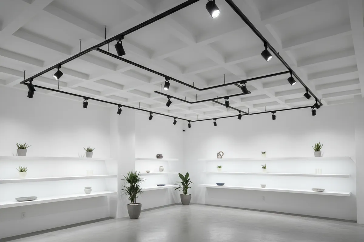 Track lighting grid installed across a white gallery-style ceiling