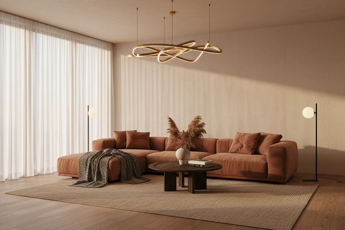 Living room lit by a sculptural LED pendant light fixture