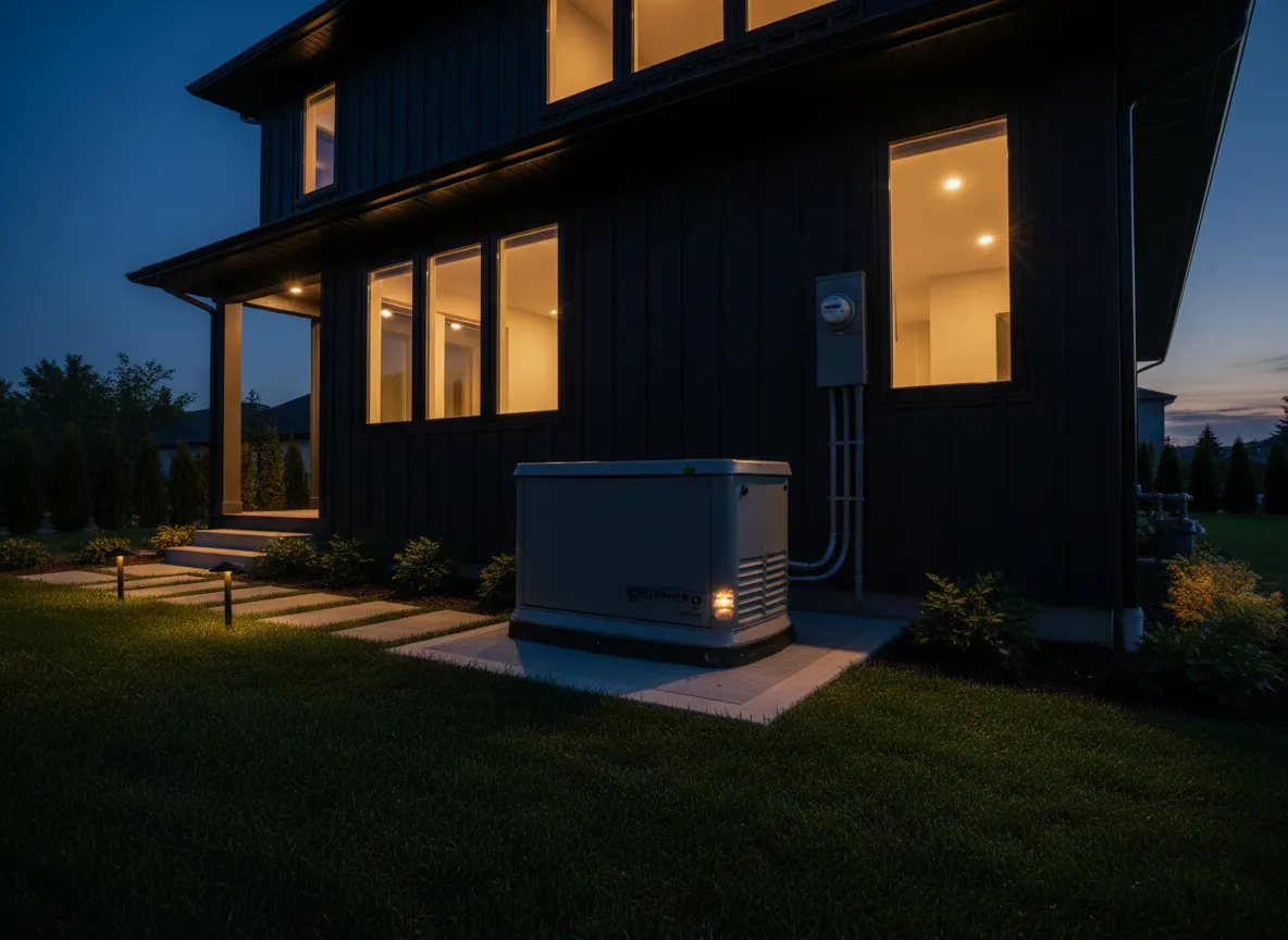 Standby backup generator installed on a pad beside a home at dusk