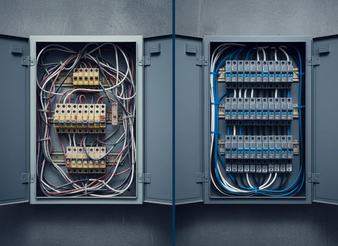 Two open electrical distribution cabinets with terminal blocks and breakers