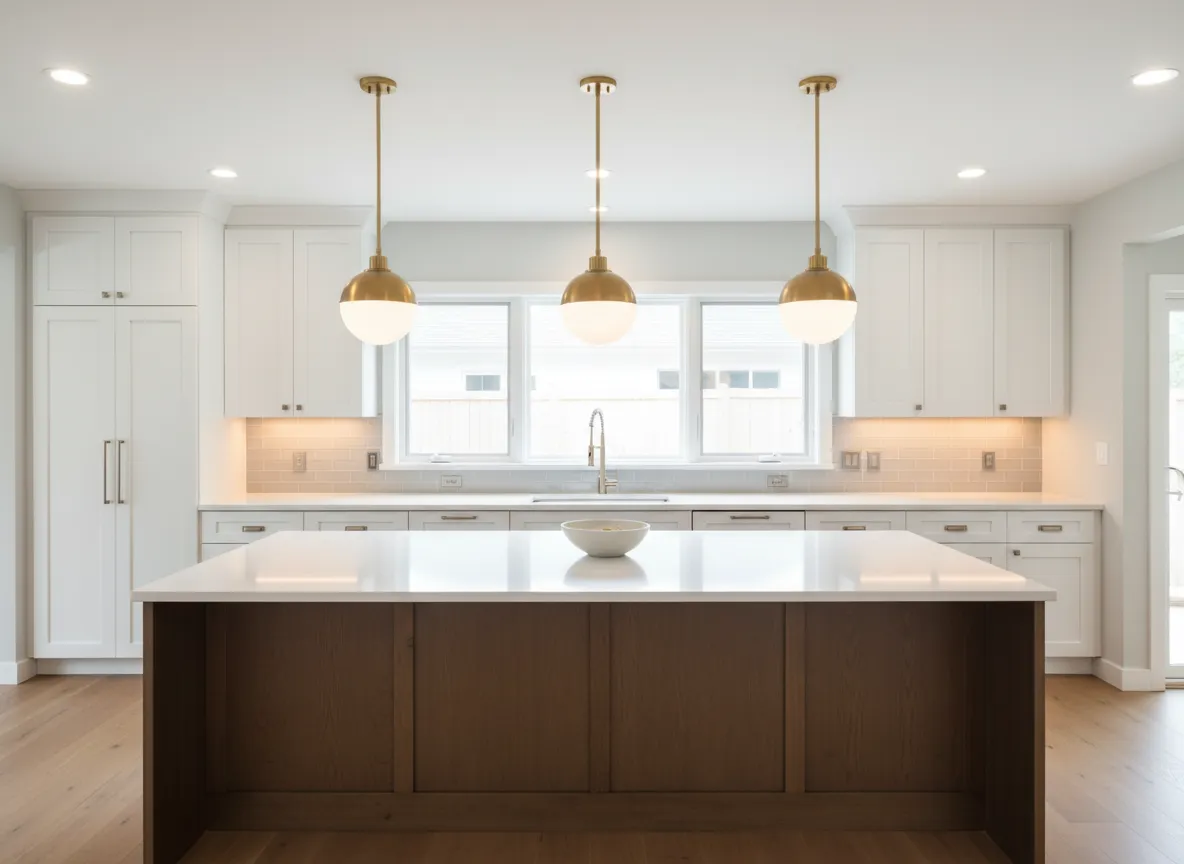 Three brass pendant lights installed over a white kitchen island