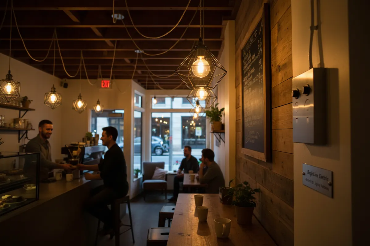 Pendant and bulb lighting installed throughout a cafe interior