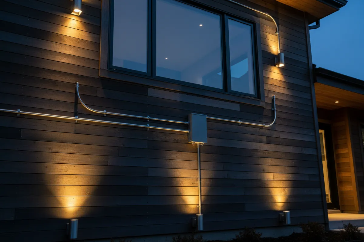 Exterior wall lighting and surface conduit on a home at dusk