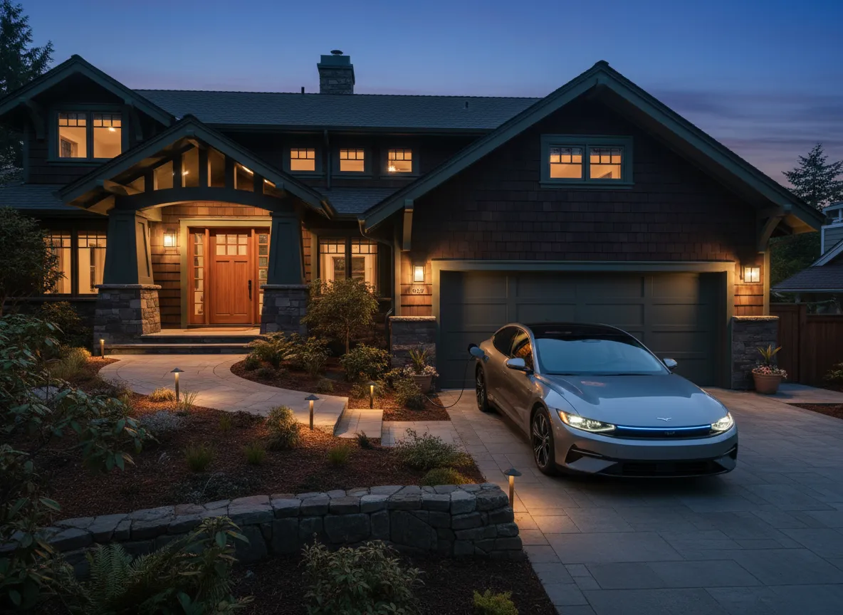 Craftsman-style home at dusk with landscape lighting and an EV charging on the driveway