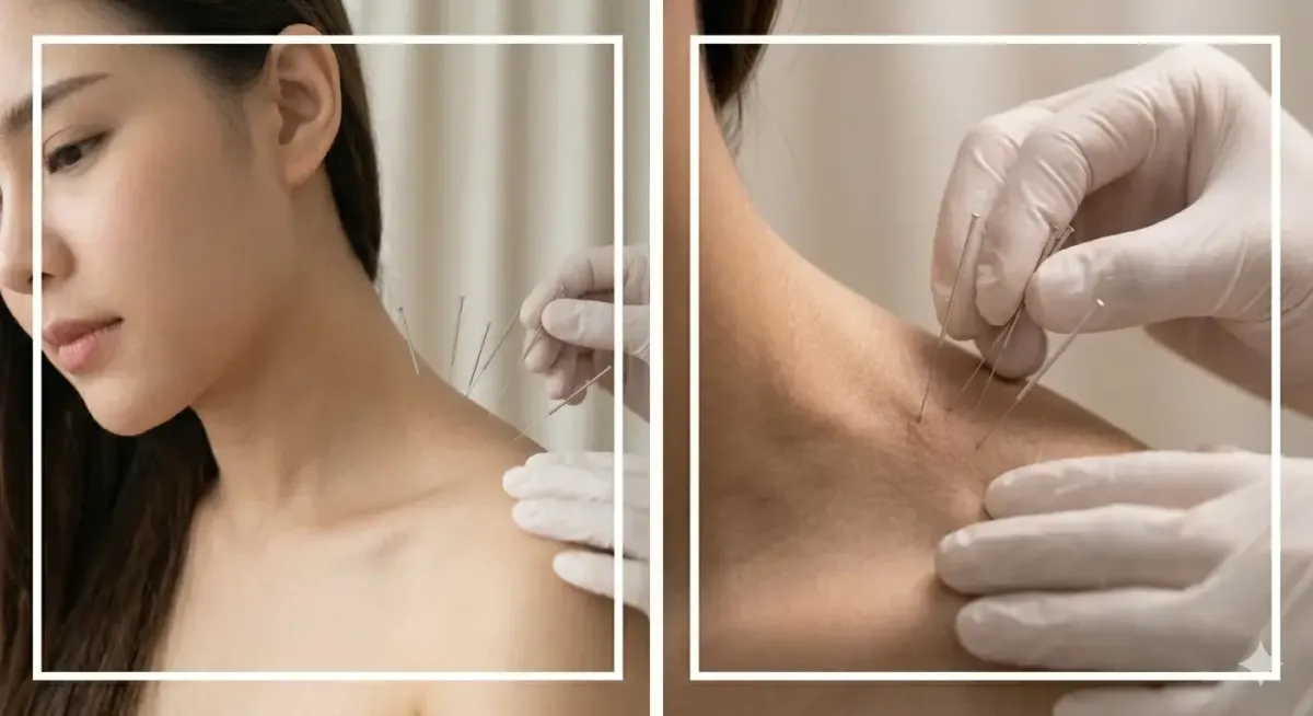 Close up of acupuncture needles being gently inserted into neck and shoulder area by gloved practitioner
