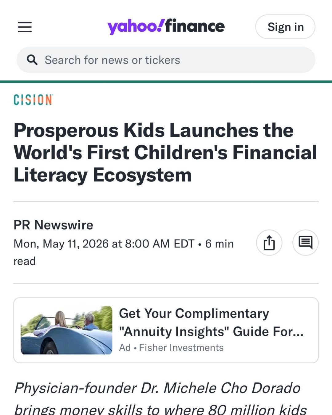 Prosperous Kids Launches the World's First Children's Financial Literacy Ecosystem | Yahoo Finance