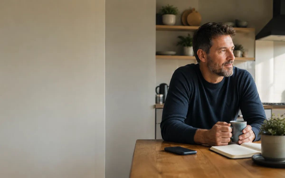 Separated father reflecting at a table