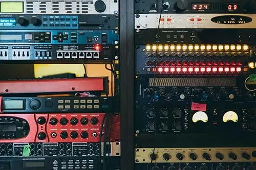 High-end audio mixing equipment at Lil’ Drummaboy Recordings in Philadelphia.