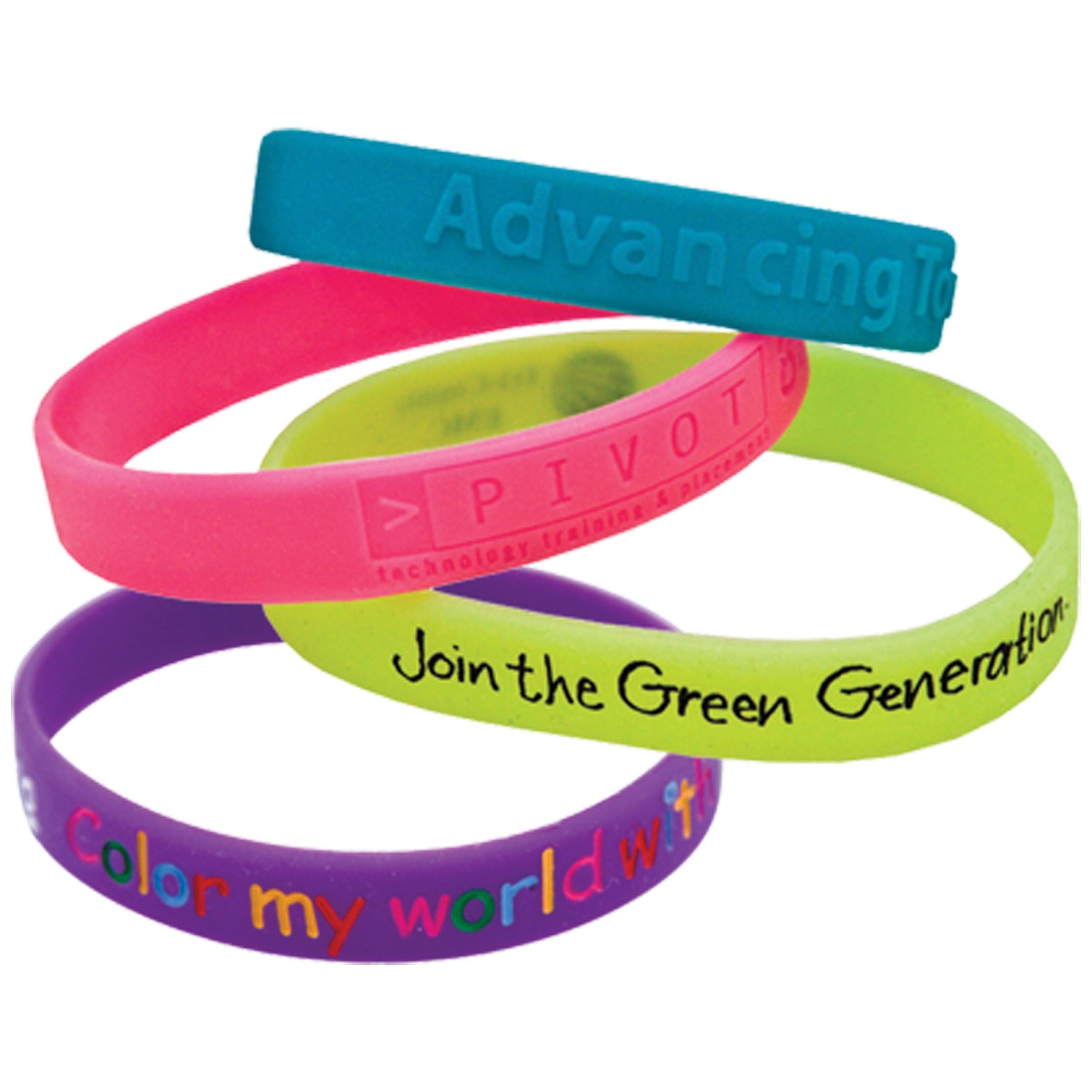 Custom debossed silicone and rubber wristbands arranged by color and size