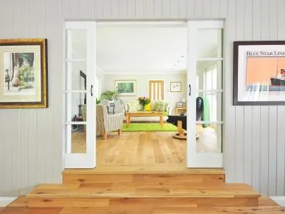 Living Room with Hardwood Floor & Steps