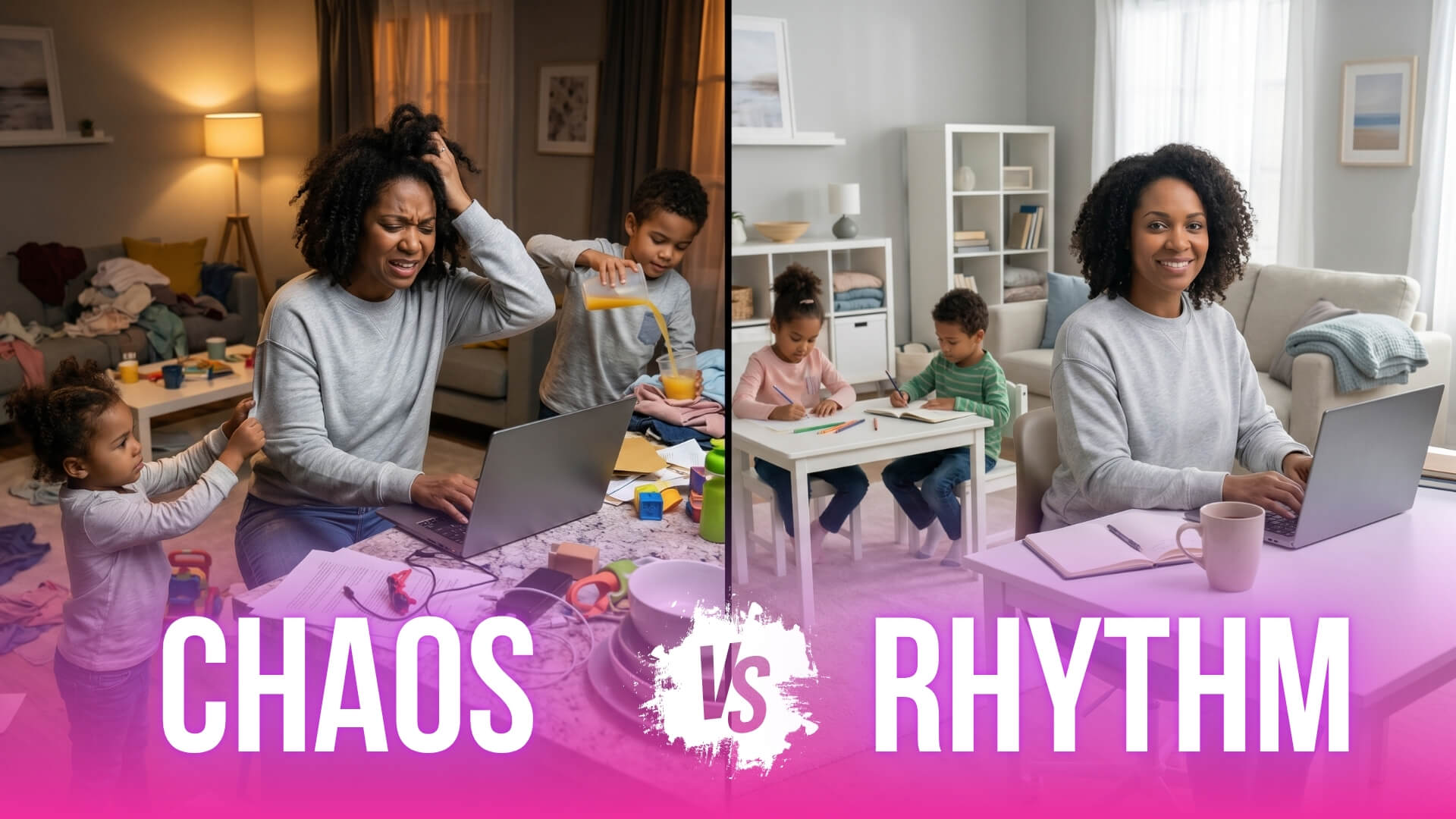 Before and after image of chaos and rhythm in the home