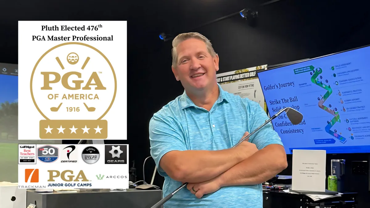 Brad Pluth, a middle-aged Caucasian man with short brown hair, wearing a blue golf polo and khaki pants, stands confidently on a green fairway. He holds a golf club and smiles warmly, exuding approachability and expertise.