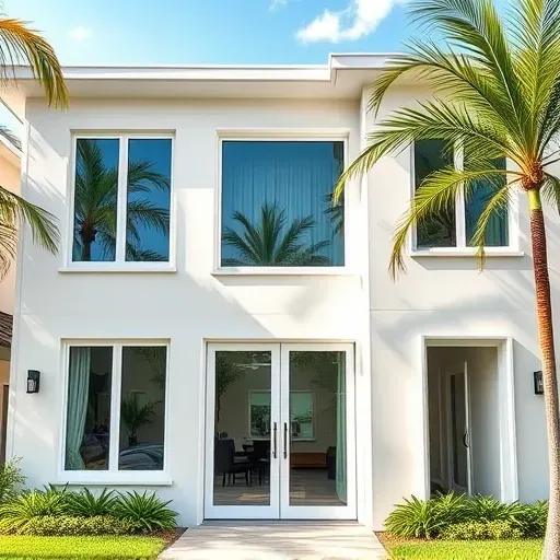 Impact windows and doors enhance a modern North Miami home surrounded by palm trees and clear skies.