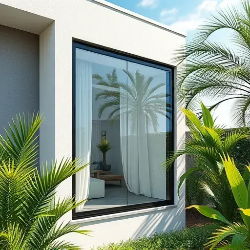 Impact window installed on modern home with lush tropical garden in Kendall Florida, showcasing durability and sleek design