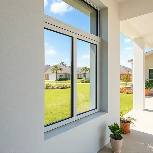New impact window installed in modern Plantation FL home reflecting sunny outdoor scene with lush greenery and clean exterior design