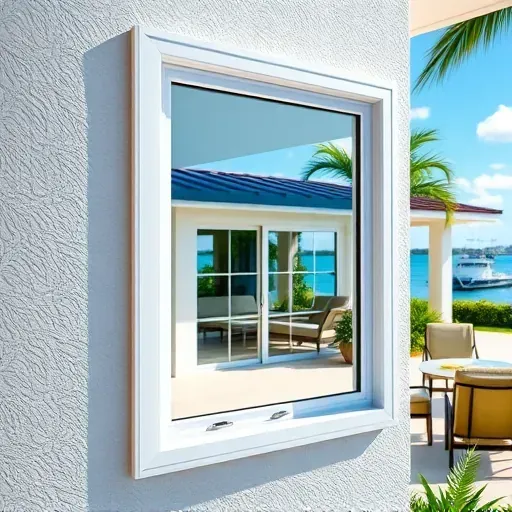 Impact window on a modern coastal home in Islamorada Florida showing sleek frame, clear glass, tropical landscape, and ocean backdrop
