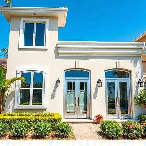 Modern home exterior in Davie FL with stylish impact windows and doors, lush landscaping, and clear blue sky.