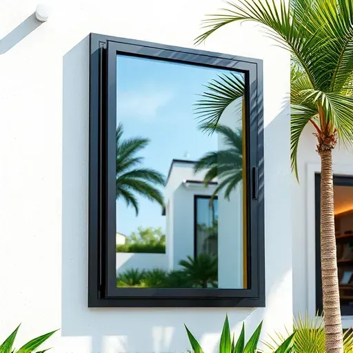 Freshly installed impact window in Coconut Grove Florida with sleek frame, pristine glass, and lush tropical greenery.