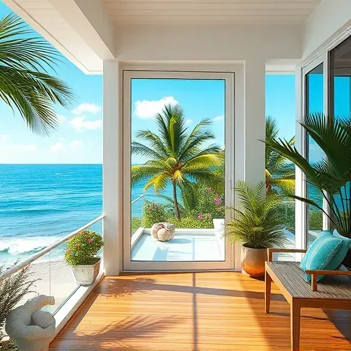 Newly installed impact window on modern Key West coastal home featuring sleek glass, reinforced frame, tropical outdoor setting