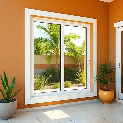 Impact window with white trim in a modern Florida home showing clarity, strength, tropical garden view, and premium installation