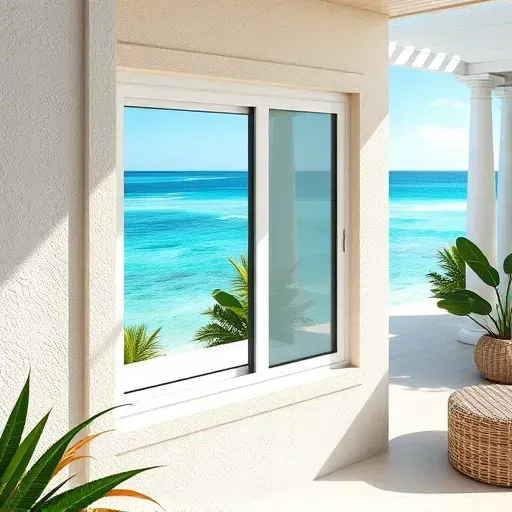 Freshly installed impact window in modern coastal Key Largo home with ocean view, tropical greenery, stucco walls, and seaside decor