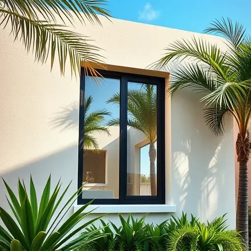 Freshly installed impact window in North Miami with sleek frame, reflecting bright sunlight, tropical plants, and modern stucco wall
