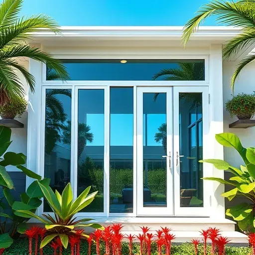 Impact Windows & Doors installation in Miami Gardens FL with sleek frames, tropical landscaping, and clear blue skies.