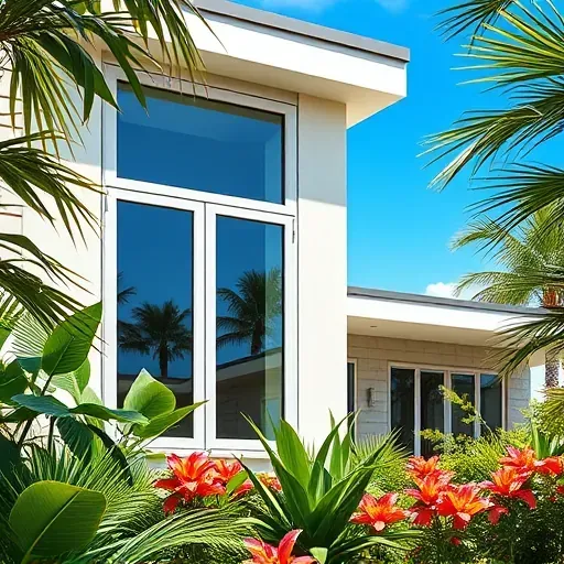 Modern eco-friendly homes in Kendall Florida with sleek energy-efficient windows reflecting sunlight and lush tropical gardens