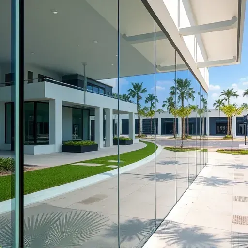 Seamless laminated glass installation on a modern commercial building facade in Kendall Florida with reflections of greenery and sunny skies